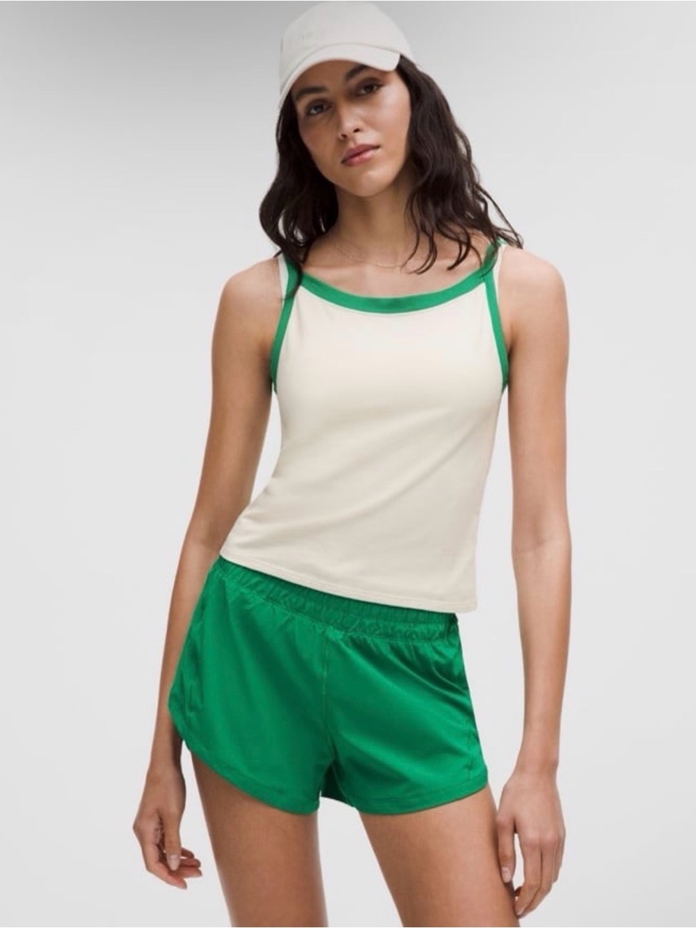 lululemon Organic Cotton High Neck  Ringer Tank Light Ivory and Green